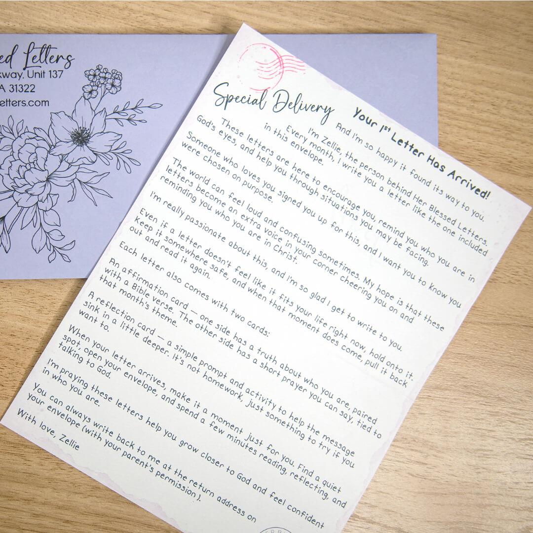 A welcome letter resting on a lavender envelope