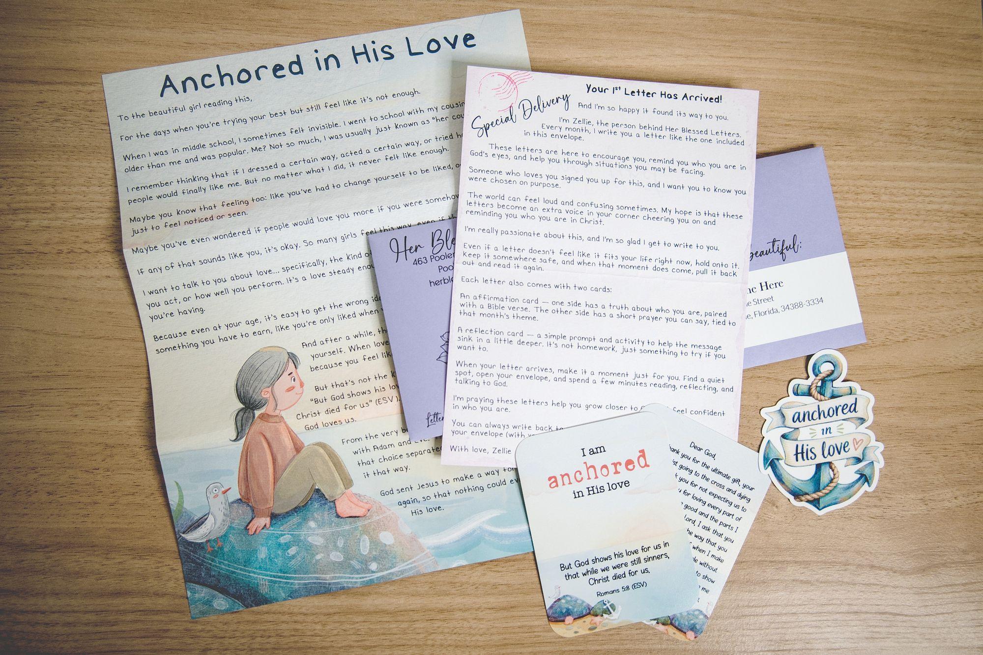 Her Blessed Letters envelopes, cards, stickers, and illustrated letters